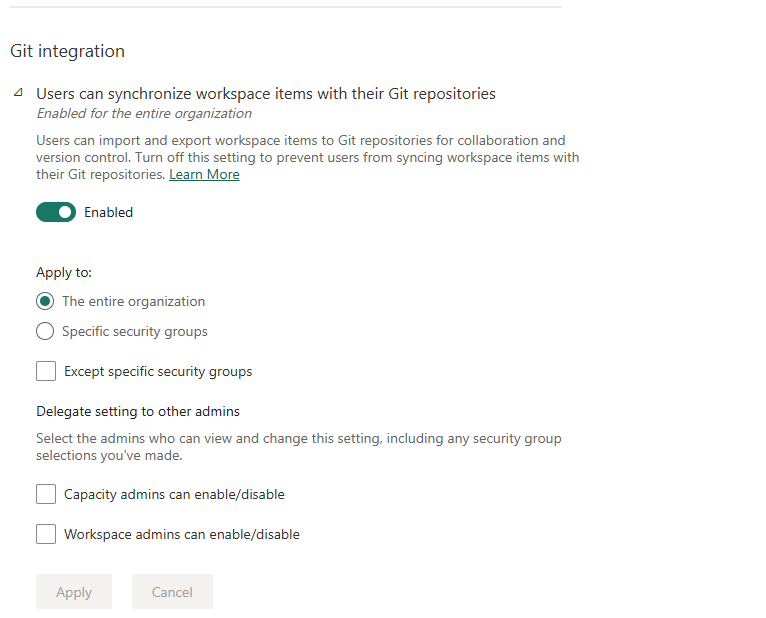 Admin portal — Git integration master toggle enabled for the entire organization